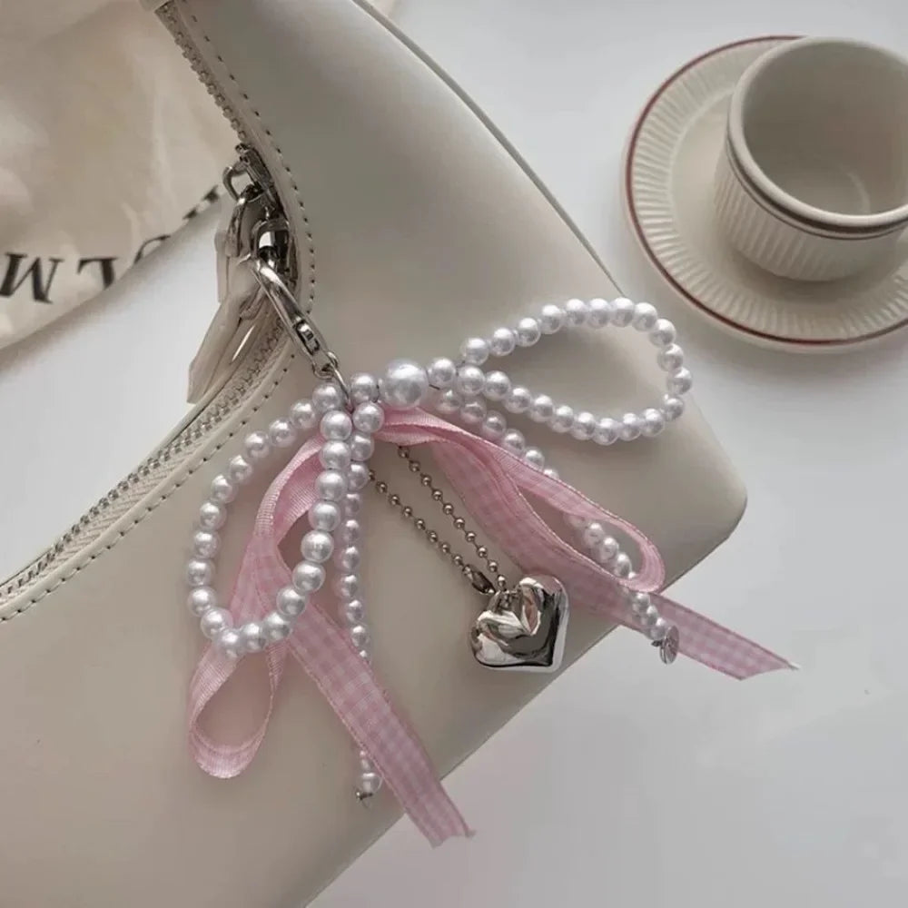 Blue Pink Lattice Ribbon Keychains Bowknot Pearls Heart Bag Pendant Elegant Beaded Keyring Y2k Sweet Korea Jewelry Accessories