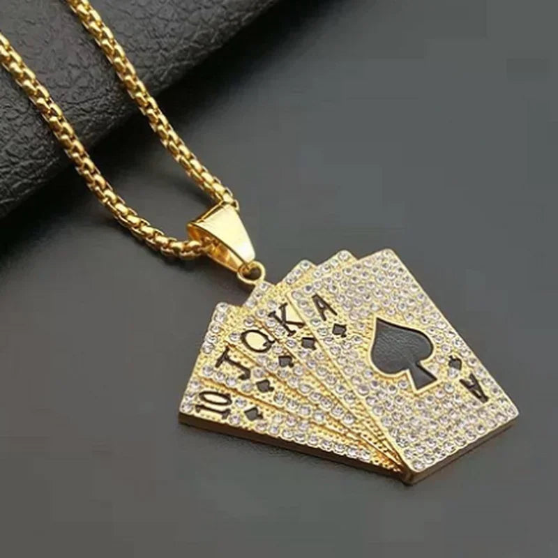 Hip-Hop Iced Out Spades Playing Card Necklace Men\'s Personalized Street Hip-Hop Rock Trend Jewelry Cool Luck Necklace