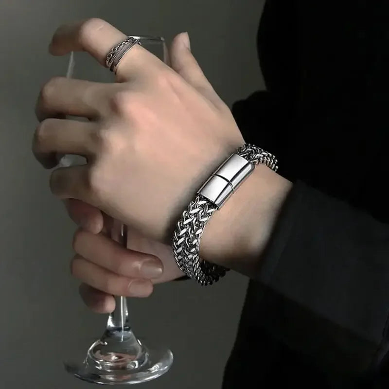 Stainless Steel Braided Double Row Metal Bracelet Suitable for Men and Girls Personalized Hip Hop Rock Party Punk Jewelry