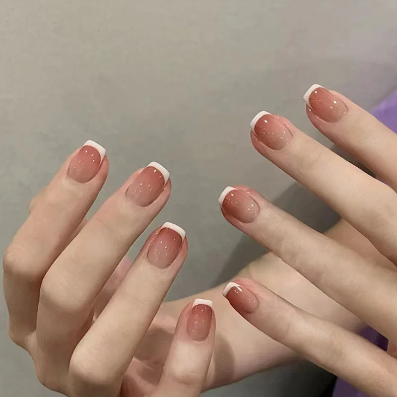 24pcs Suqare Head Press on Nails Cat Eye False Nails with Glue Simple French Nail Full Cover Glossry Nude Artificial Fake Nails