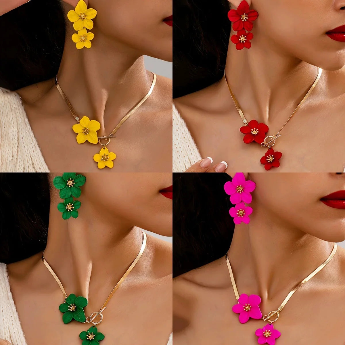 A New Chinese-style National Trend Large Flower Snake Bone Chain Necklace with Elegant Spray-painted Flower Pendant Jewelry Set