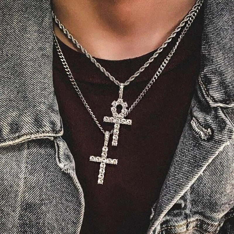 Hip Hop Cross Pendant Necklaces for Men Male Rapper's Fashion Simple Rope Chain Hot Sale Cubic Zirconia Punk Luxury Jewelry