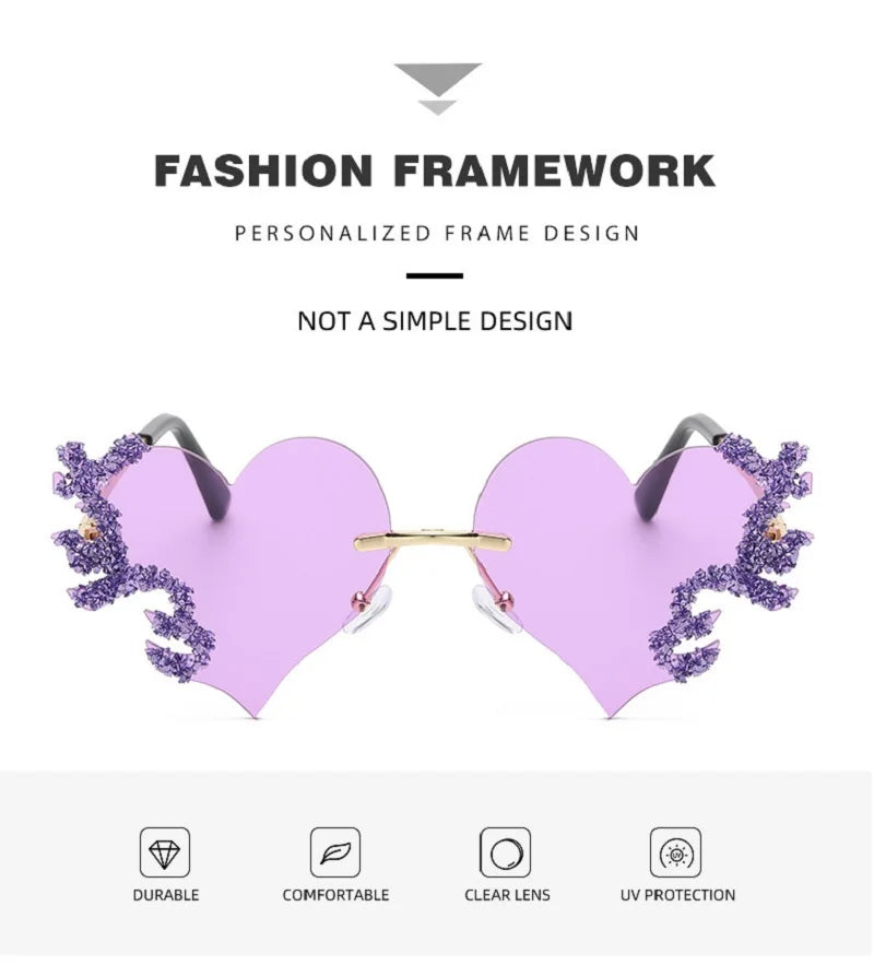 2024 Fashion Heart Shaped Sunglasses Luxury Diamond Funny Personality Rimless Sun Glasses Halloween Party Christmas Decoration