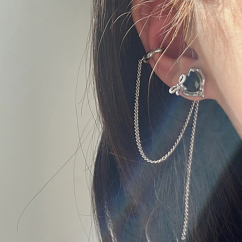 Gothic Black Love Crystal Clip Earrings for Women Exquisite Irregular Heart Stud Earring Long Link Tassel Y2K Jewelry Party Gift