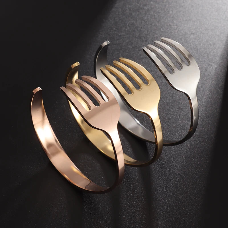 Creative Design Cutlery Knife Fork Men Bangles Women Stainless Steel Friendship Arm Cuff Open Bracelet Fun Trend Jewelry
