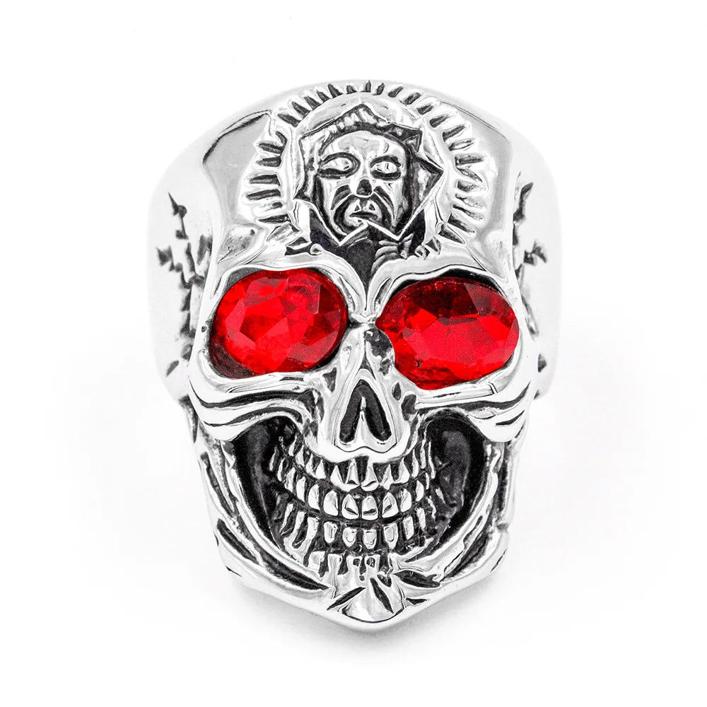 Gothic Red Eyes Jesus Skull Ring Men's Christian Punk Hip Hop Rock Trend Jewelry Halloween Gift
