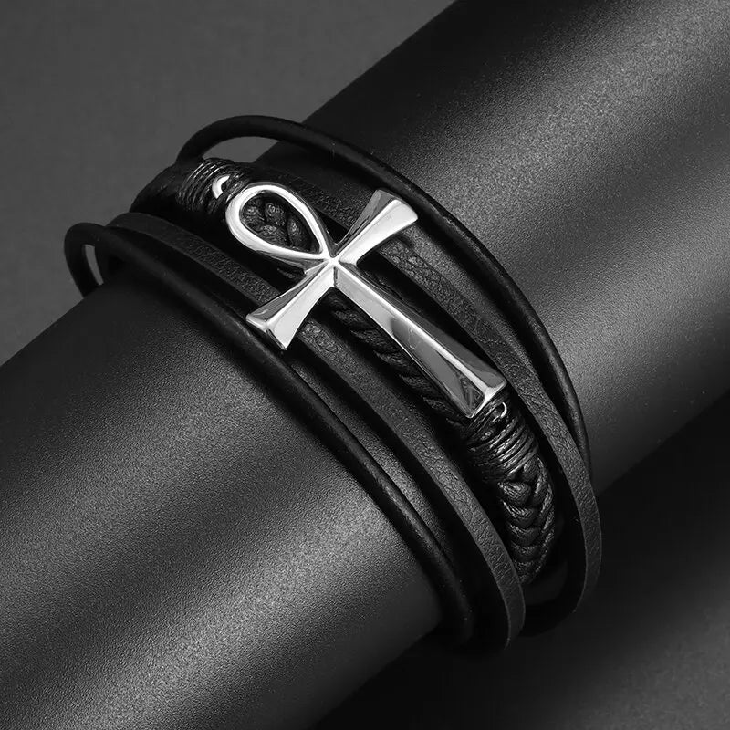 Vintage Hand Woven Eco-Friendly Leather Cross Bracelet with Magnetic Clasp Men\'s Fashion Pendant Religious Amulet Jewelry