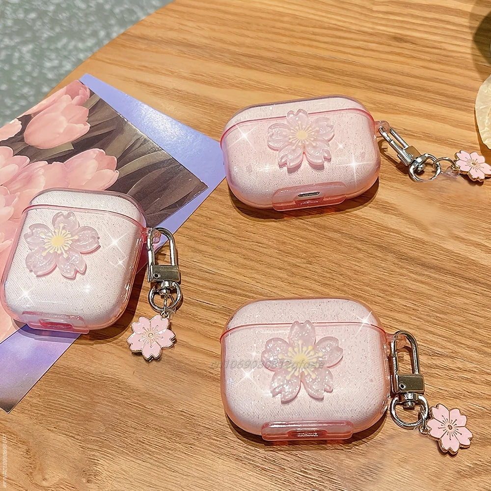 Sparkling Pink Cherry Blossom Suitable Cases for Apple AirPods Pro 1/2/3 Generation Wireless Bluetooth Earphone Case Transparent