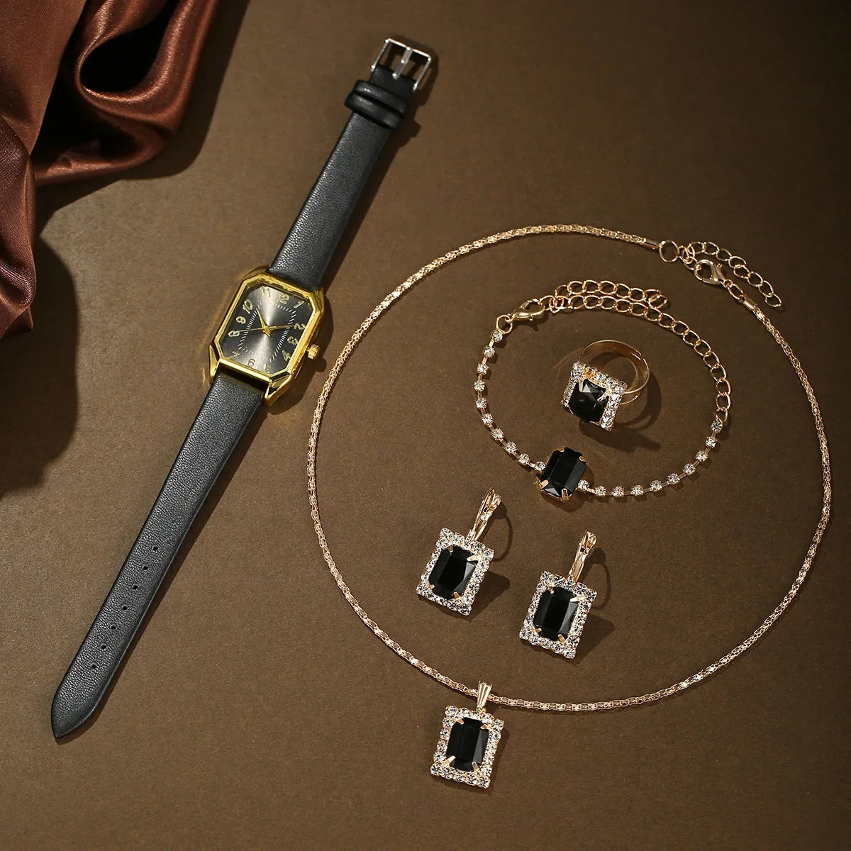 2024 New Leisure Fashion Leather Women's Business Square Quartz Watch Korean Rhinestone Jewelry Set Reloj Mujer Elegante