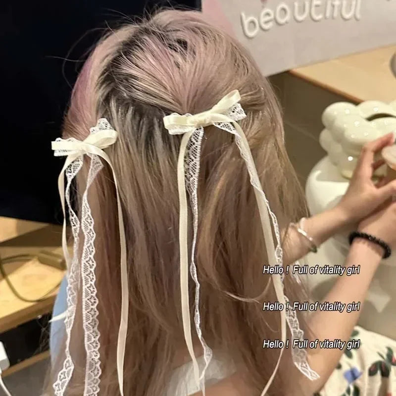 2pcs Korean Fashion Lace Bow Hairpin Women Girls Ribbon Hair Clips White Long Ribbon Bow Top Clip Female Hair Accessories Gifts