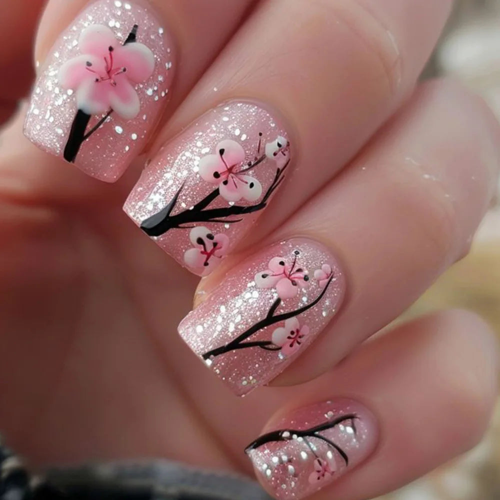24pcs Mini Flower Press on Nails with Glue Painting Floral Acrylic Fake Nails Spring Design Short Square False Nails for Girls