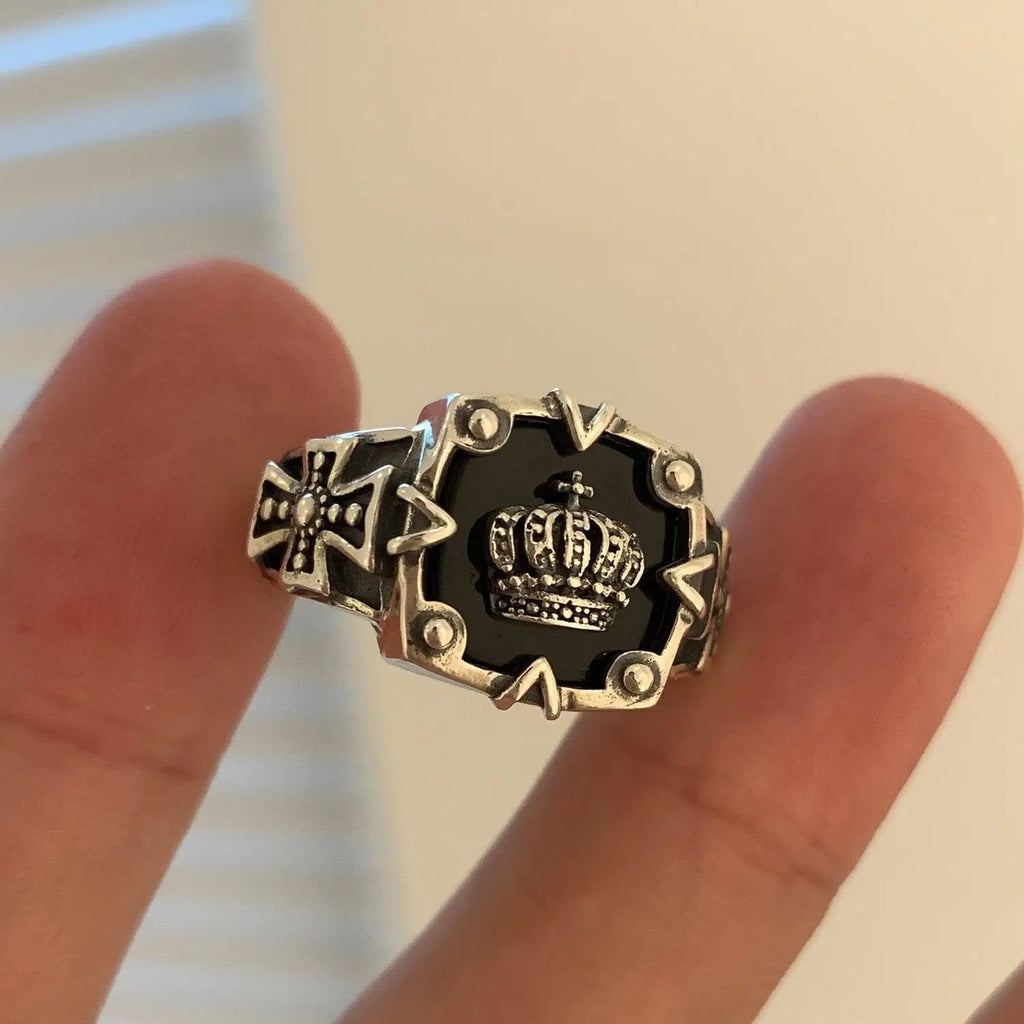 Best Sellers! Retro S925 Thai Silver, Crown Hip Hop Heavy Industry Dark Open Ring
