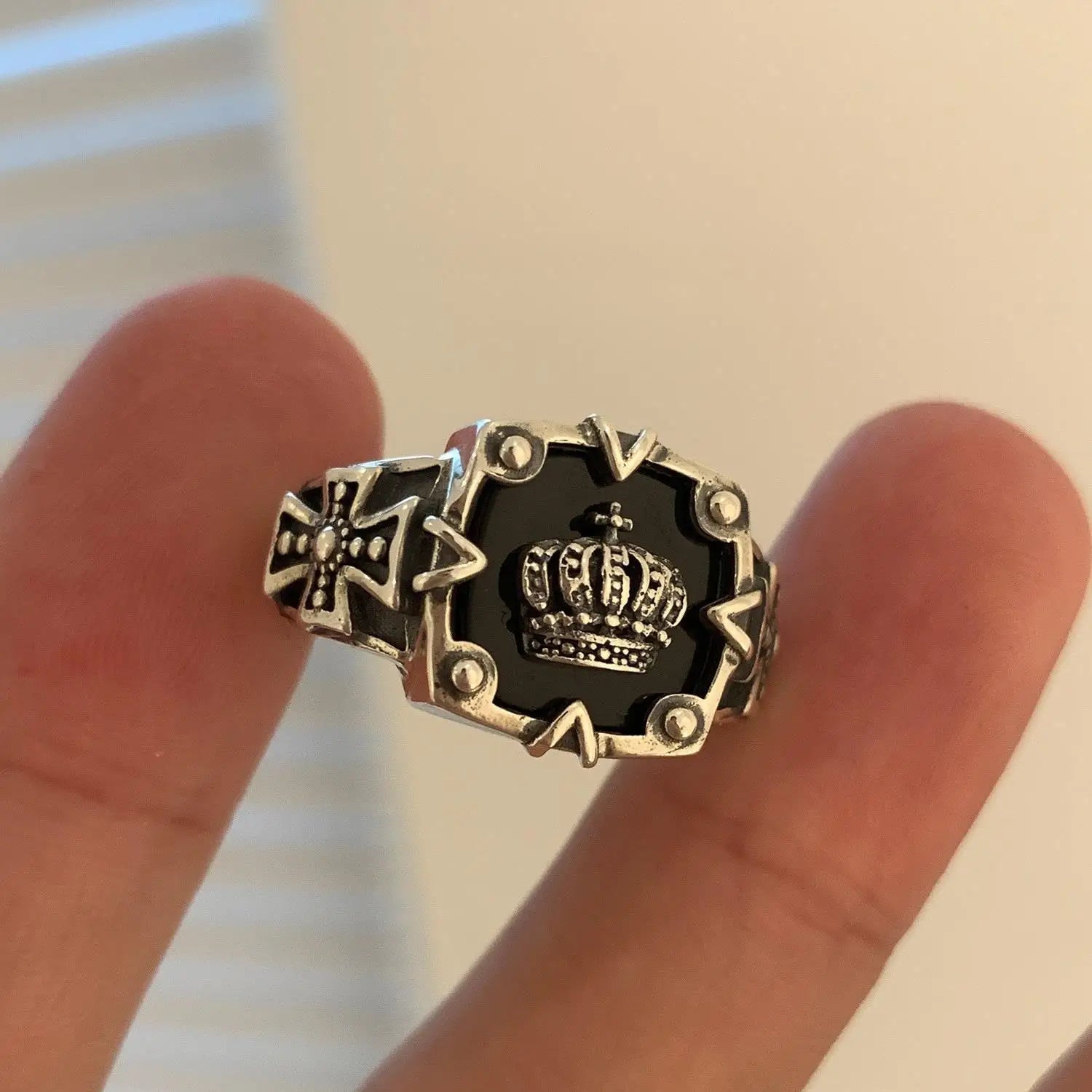Best Sellers! Retro S925 Thai Silver, Crown Hip Hop Heavy Industry Dark Open Ring