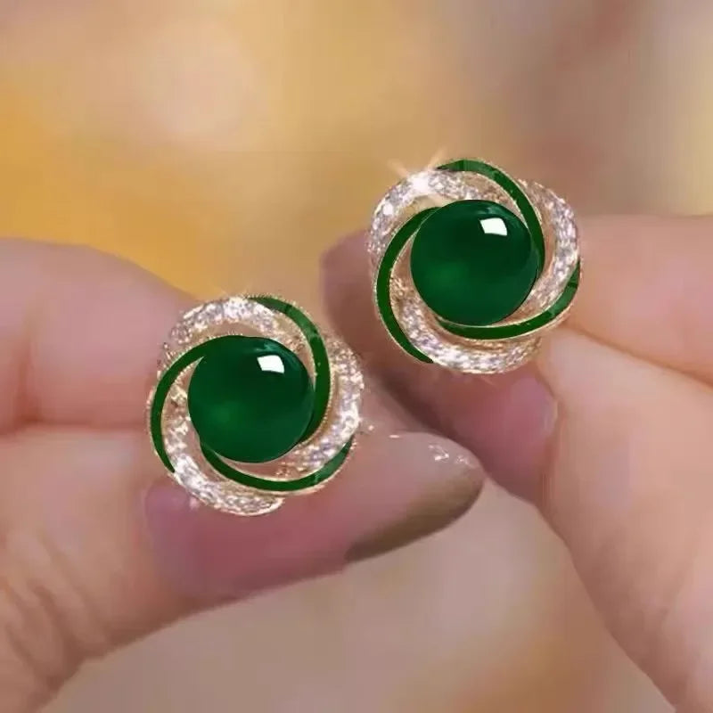 Vintage Red Green Rhinestone Stud Earrings Crystal Enamel Oil Geometry Earrings for Women Fashion Exquisite Ear Studs Jewelry