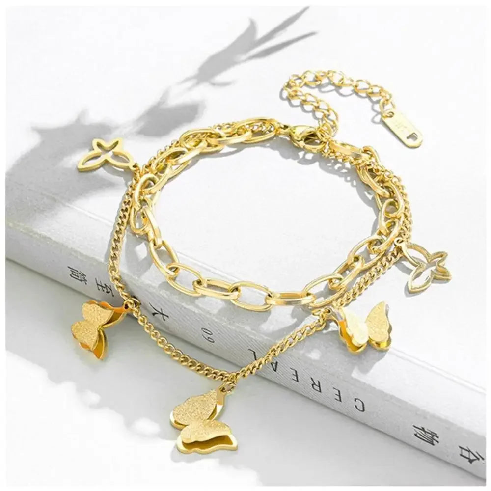 Stainless Steel Double Layer Butterfly Bracelet For Women Girls Gold Color Non-fading Hand Chain New Trendy Party Jewelry Gifts