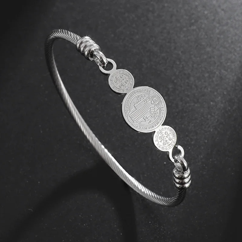 Silver-Plated Lucky Sixpence Pattern Letter Bracelet Men's Cuff Bangles Women's Trendy Charm Jewelry