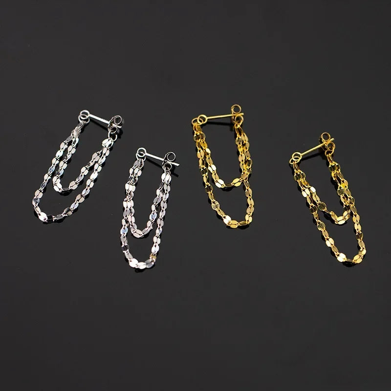 925 Sterling Silver Double Layered Tassel Earrings Long Sparkling Chain Earrings Summer Exquisite and Fashionable Party Jewelry