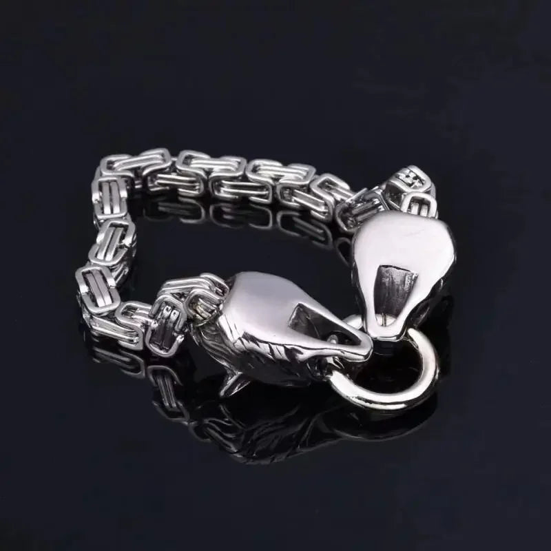 Nordic  Celtic Double Wolf Head Men's Stainless Steel Chain Bracelet Byzantine King Chain Punk Rock Party Jewelry