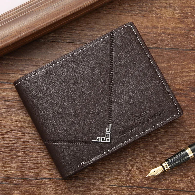 Lychee Texture PU Leather Men's Wallet Short Cash Purse Multi Card Slot Patchwork Card Holder Photo Holder Horizontal Money Clip