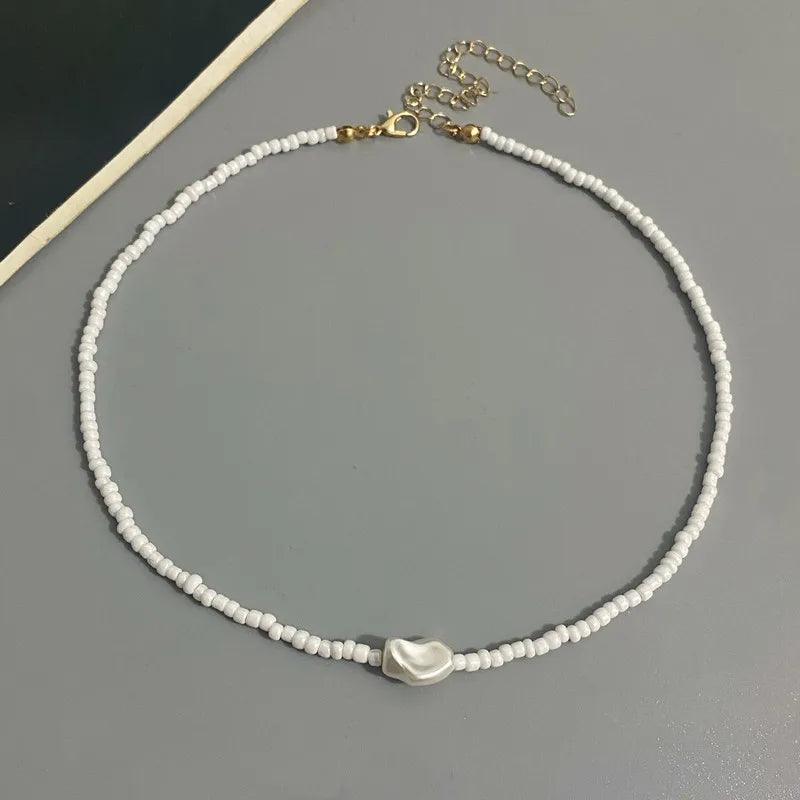 Fashion Boho Beads Necklace Women Imitation Pearl Seed Beaded Strand Short Choker Necklace Handmade Female Jewelry Wholesale