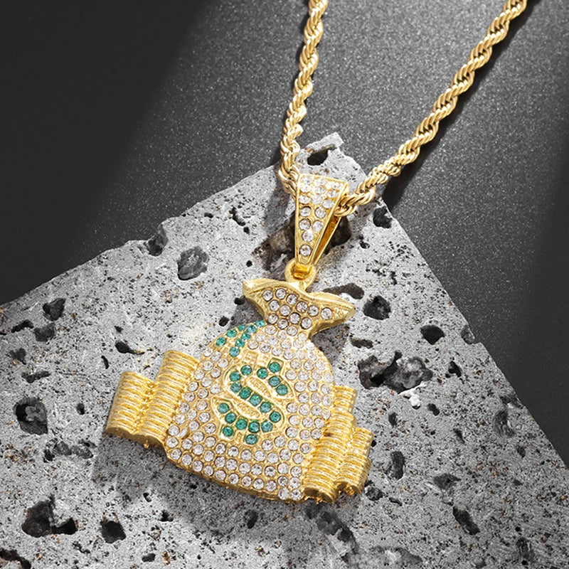Money Bag Pendant Necklace With Rope Chain Gold Color Hip Hop Punk Bling Iced Out Zircon Cool Men's Rock Biker Neck Jewelry Gift
