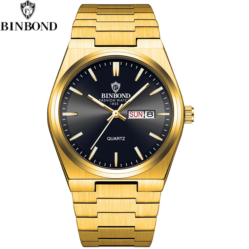 BINBOND Fashion New Men Business Watch Leisure Quartz Stainless Steel Buckle Watches Waterproof Luminous Calendar Men's Watches
