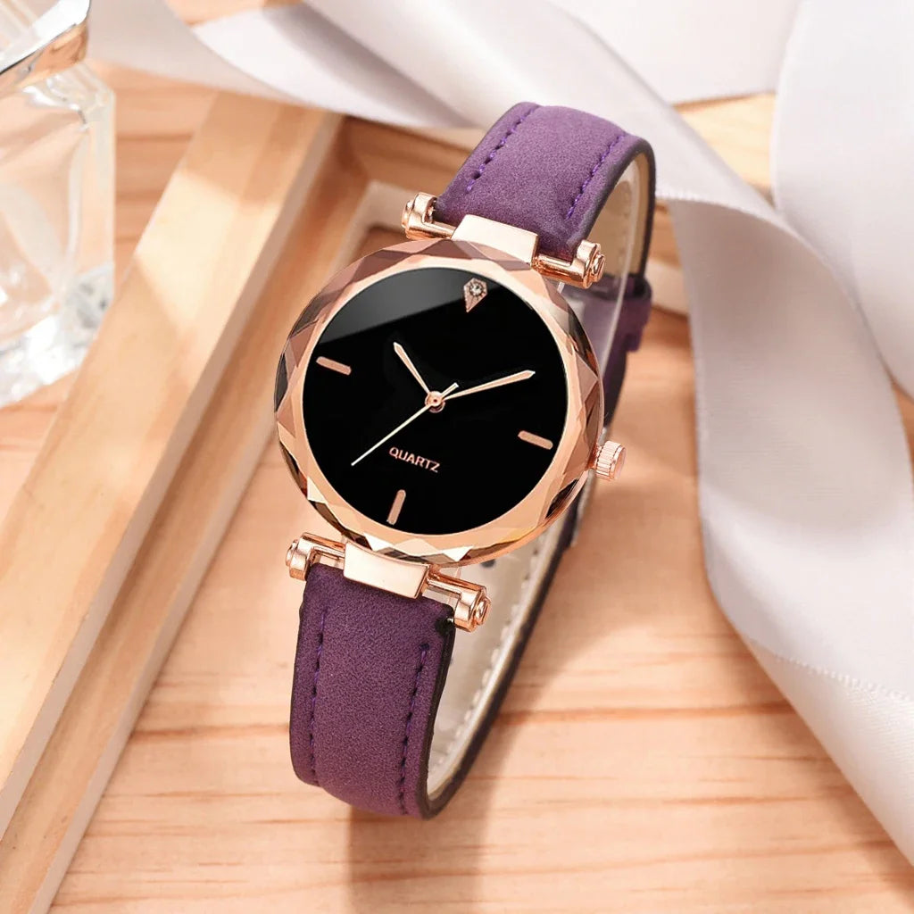 Luxury Fashion Women Watch Set PU Leather Strap Ladies Quartz Wristwatch Rhinestone RoseGold Alloy Bracelet For Ladies Gift