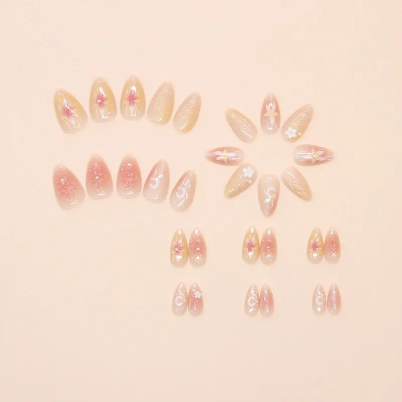 24Pcs 3D Flower Almond Nail Set Press on Nails with 3D Wave Drill False Nails French Tip Full Cover Artificial Nails Art Tips