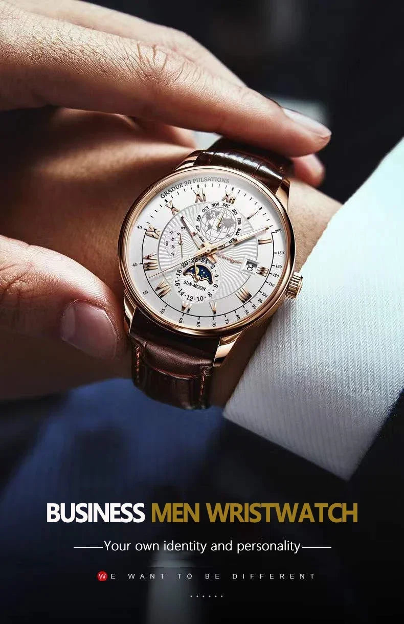 Luxury Man Watch Waterproof Chronograph Moon Phase Pattern Luminous Men's Wristwatch Leather Men Quartz Watches Casual Clock