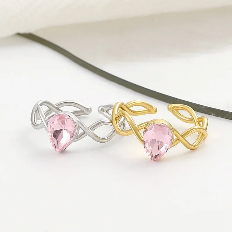 Princess Pink Crystal Rings for Woman Girls Fairy Water Drop Open Ring Fashion Party Wedding Jewelry Gift Sweet Finger Rings