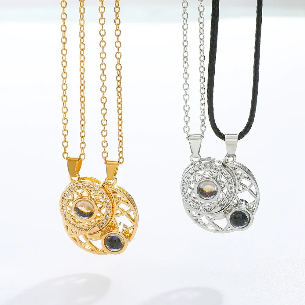 Fashion Couple Matching Necklace Sun Moon Necklaces for Lovers Gift Heart Magnetic Paired Pendant Jewelry Chain Choker 2 Pcs/set