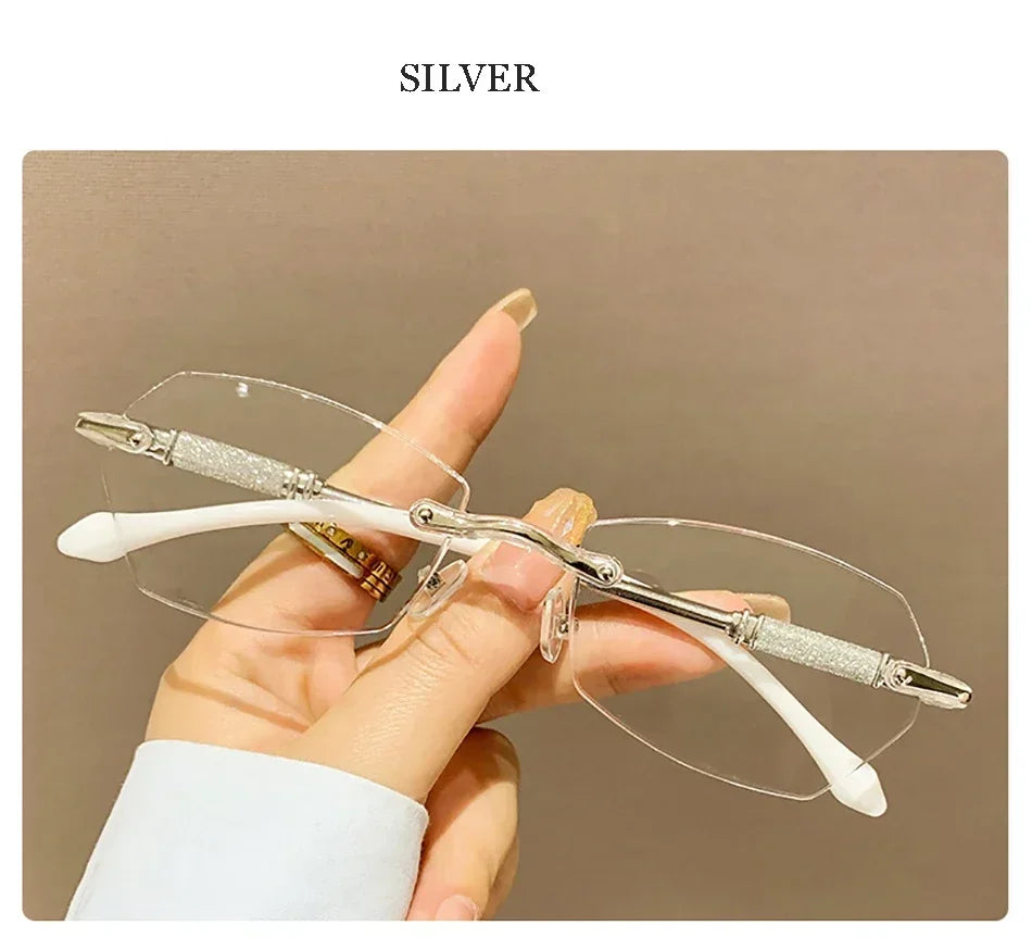New Rimless Diamond Cutting Presbyopic Glasses Ladies Anti Blue Light Ultra Light Reading Glasses +1.0+1.5+2.0+2.5+3.0+3.5+4.0
