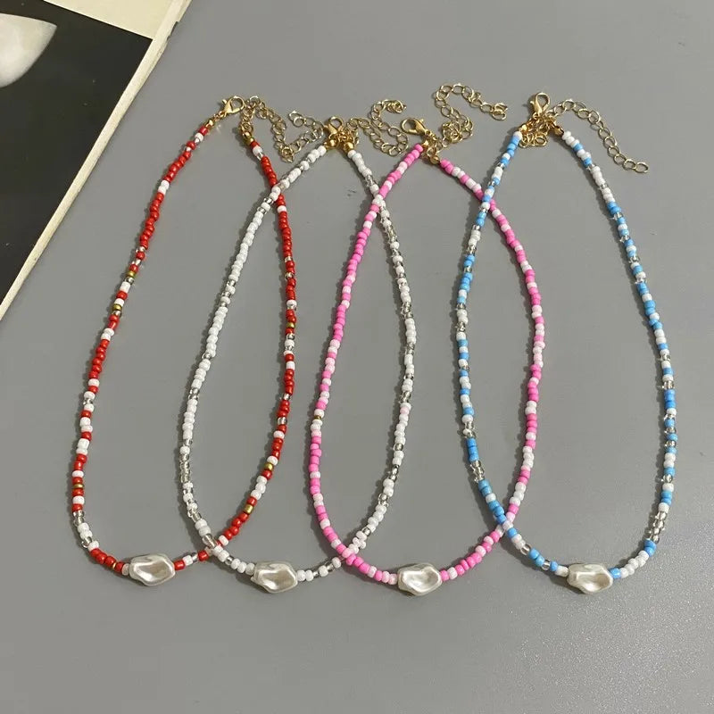 Fashion Boho Beads Necklace Women Imitation Pearl Seed Beaded Strand Short Choker Necklace Handmade Female Jewelry Wholesale