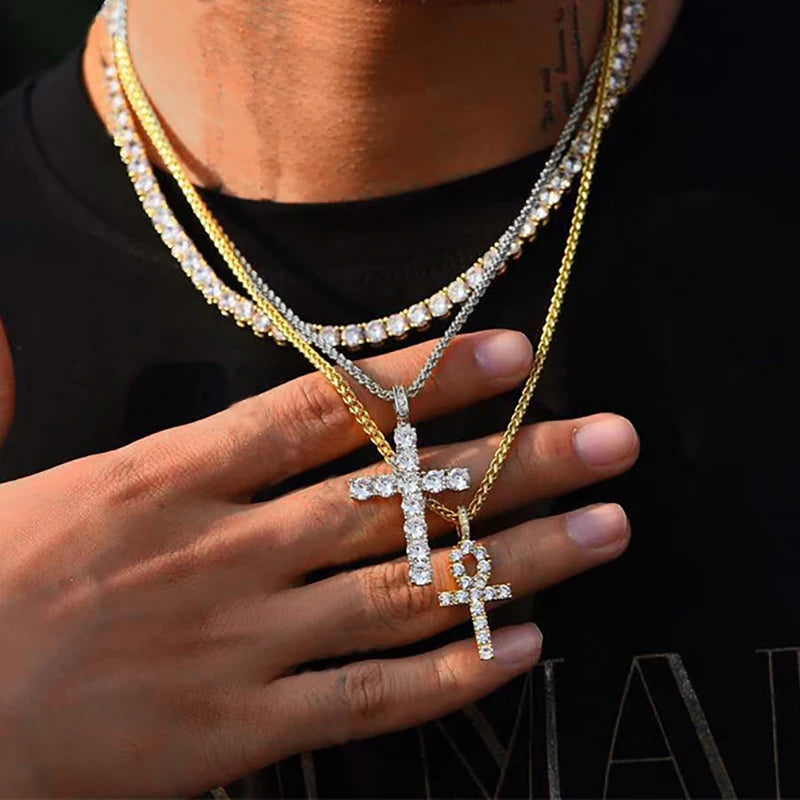 Hip Hop Cross Pendant Necklaces for Men Male Rapper's Fashion Simple Rope Chain Hot Sale Cubic Zirconia Punk Luxury Jewelry