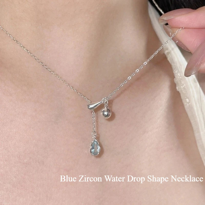 Fashion Blue Zircon Water Drop Shape Necklace Simple Style Charm Ladies Pendant Choker Gift Korean Trend Jewelry 도매