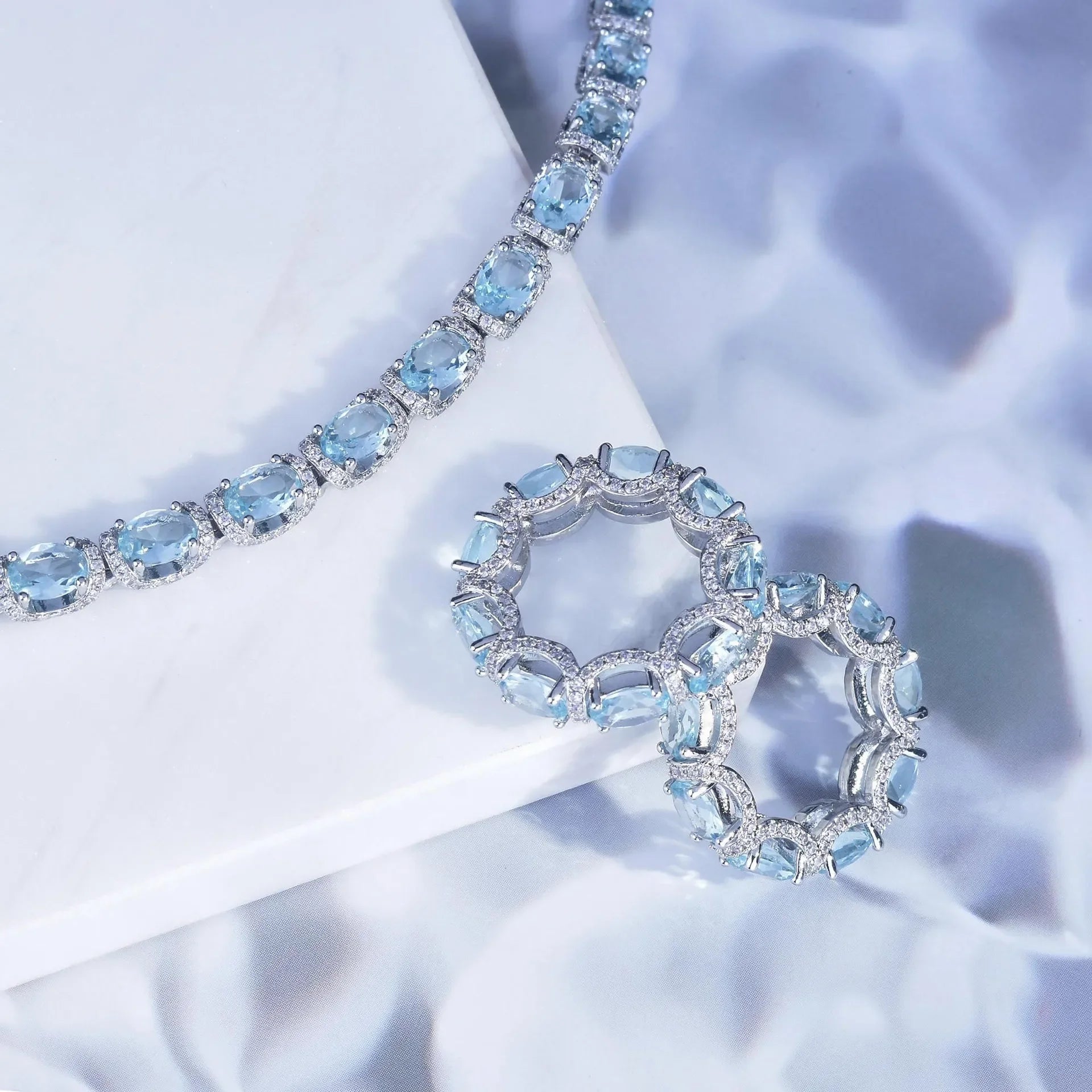 Fashion Jewelry Set for Women Round Aquamarine Bracelet Ring Sets Zircon Bridal Decoration Accessory Banquet Luxury Chain Gifts
