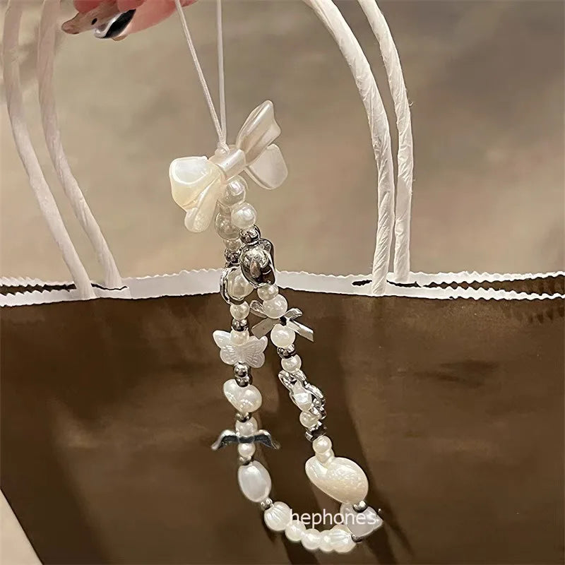 Korean Cute Ribbon Bow Love Heart Phone Chain Lanyard Charm Strap Bowknot Pendant For iPhone Samsung Phone Accessories Girl Gift