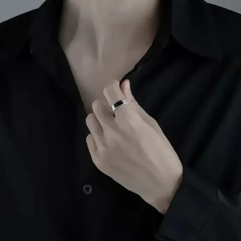 Trendy Vintage 925 Silver Ring for Men Jewelry Black Rectangle Retro Dragon Pattern Ring Male Rings Adjustable
