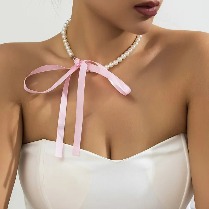 Wedding Party White Imitation Pearl Choker Necklace Fashion Bow Tie Long Ribbon Necklace Personality Simple Jewelry