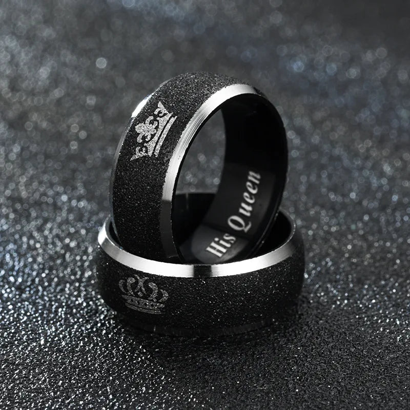Black Frosted Stainless Steel Couple Rings Queen Men and Women Rings Fashion Romantic Couple Rings Jewelry Wholesale