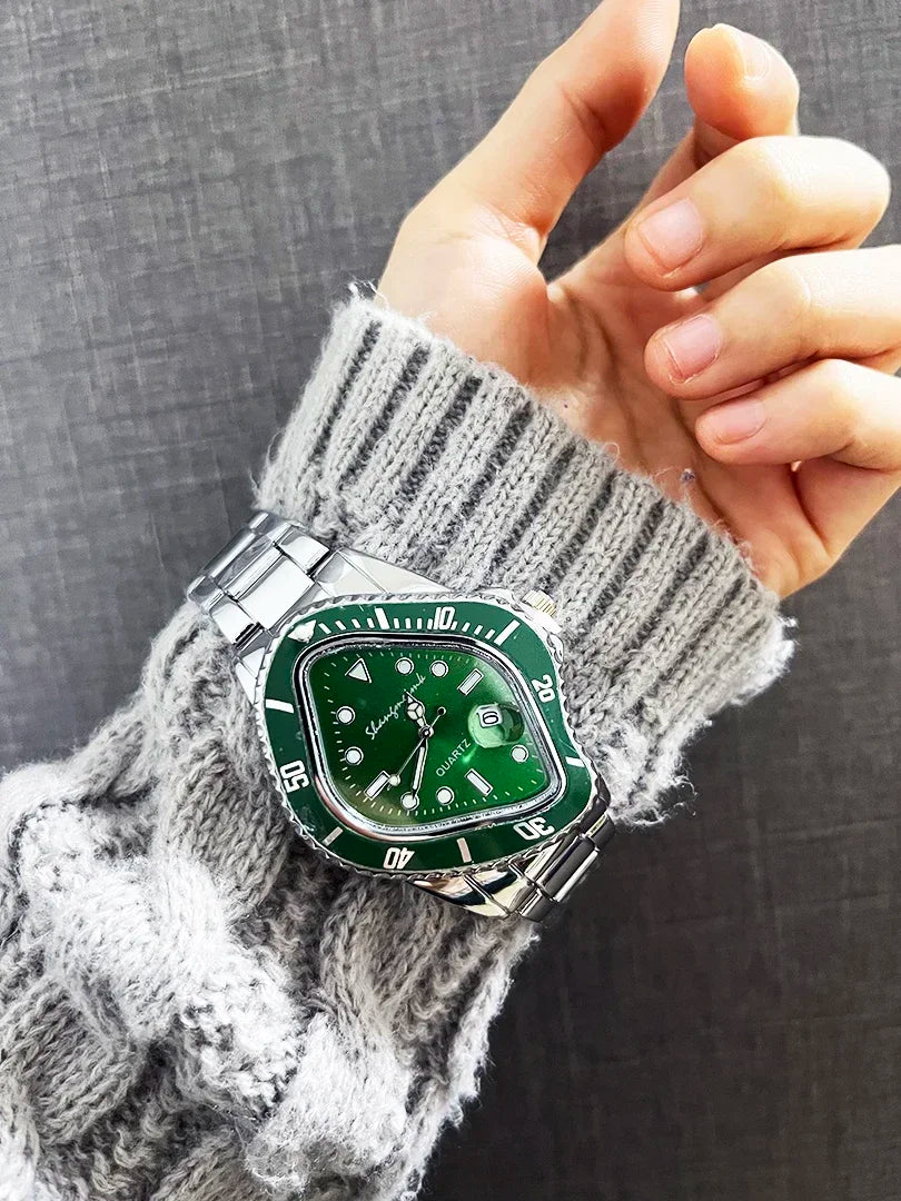 Irregular Watch for Men Unusual Conceptual Reloj Crash Melting Twist Case Quartz Wristwatch Male Man Green Black Clock Masculino