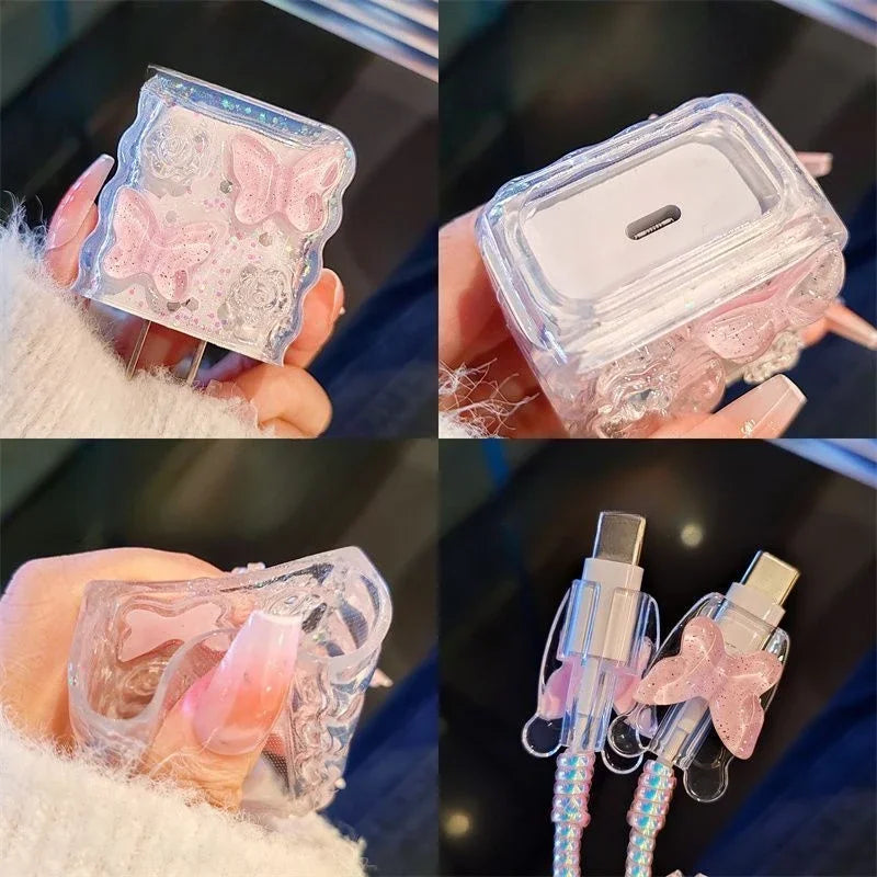 Pink Crystal Butterfly Charging Data Cable Protector Winder Accessories for iPhone 18/20w Cartoon Charger Protective Cover