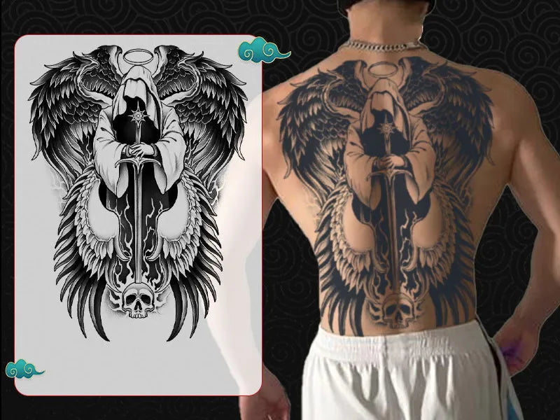 Angel Wings God Tattoo Stickers Realistic Juice Ink Semi Permanent Full Back Body Tattoo Temporary Lasting 2 Weeks Men Adult