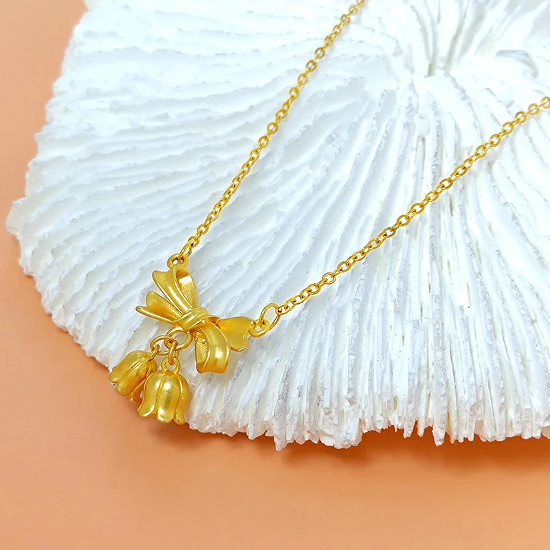 Stainless Steel Chain Classic Shiny Bowknot Pendant Necklace for Women Lady Vintage Jewelry Accessories Gifts