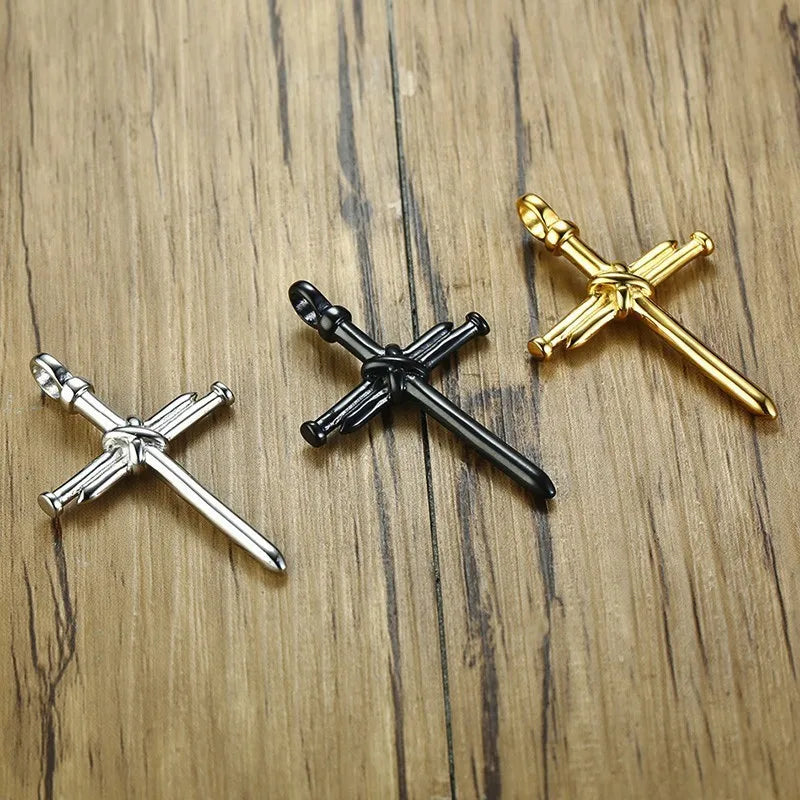 Nail Cross Pendant Necklace For Men Hip Hop Punk Style Silver Color Stainless Steel Chain Christian Church Baptism Party Jewelry