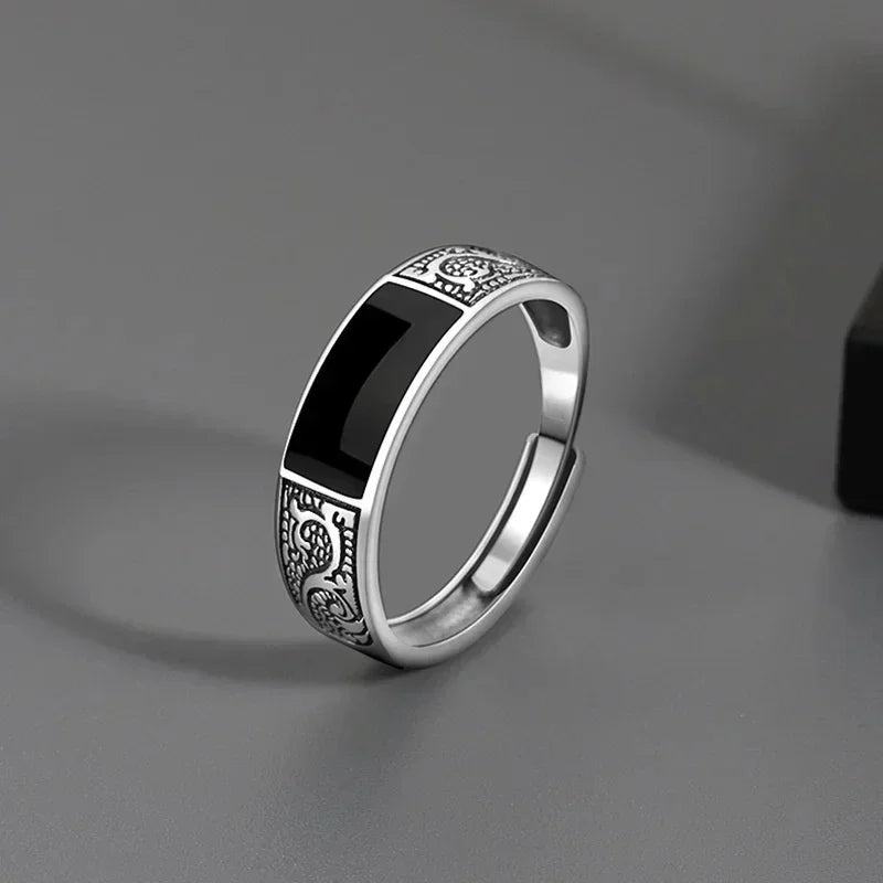 Trendy Vintage 925 Silver Ring for Men Jewelry Black Rectangle Retro Dragon Pattern Ring Male Rings Adjustable