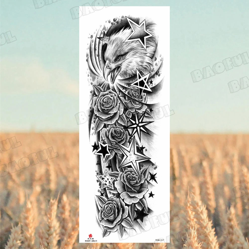 Arm Sleeve Temporary Tattoos For Women Men Realistic Wolf Lion Rosette War Maori Flower Fake Tattoo Stickers Sexy Thigh Tatoos