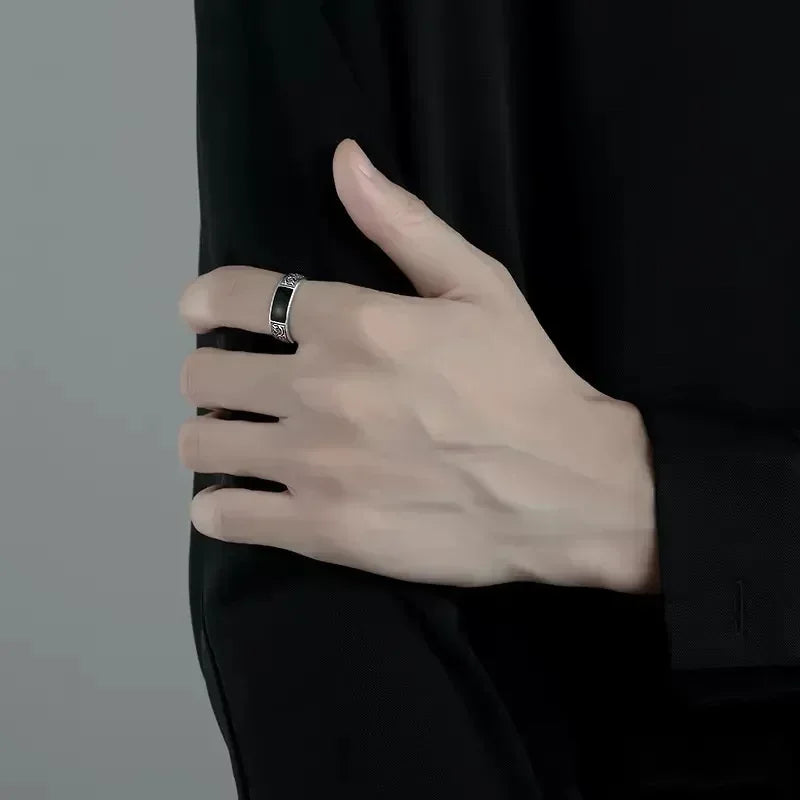 Trendy Vintage 925 Silver Ring for Men Jewelry Black Rectangle Retro Dragon Pattern Ring Male Rings Adjustable