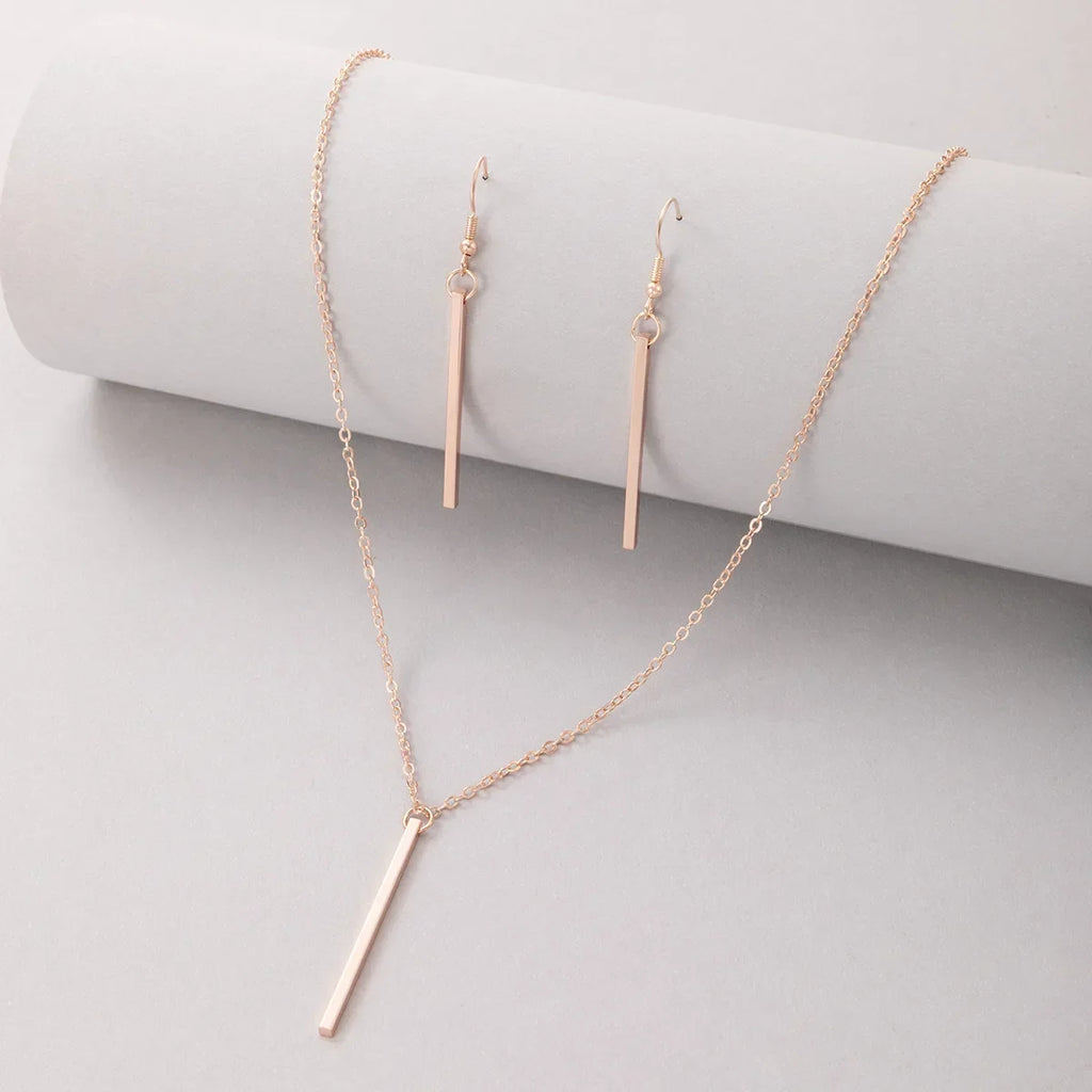 Elegant Gold Stick Jewelry Sets for Women Pendant Necklace Drop Earring Simlpe Adjustable Geometry Wedding Jewelry