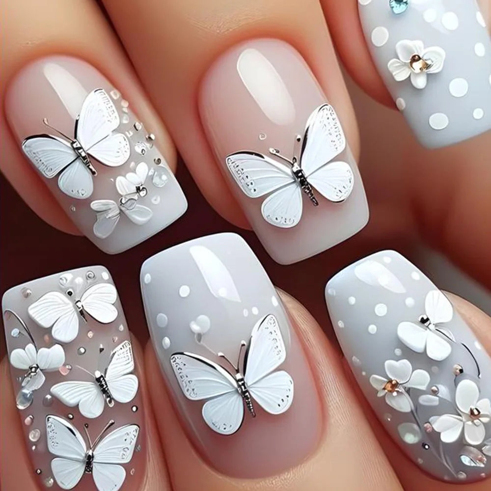 24pcs Mini Flower Press on Nails with Glue Painting Floral Acrylic Fake Nails Spring Design Short Square False Nails for Girls